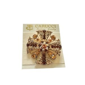 Vintage‎ Carucci Fashion Jewelry Amber Rhinestones Brooch Pin Flower Cross KC